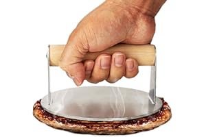 BLARIE Smash Burger Prensa Hamburguesas Acero Inoxidable - Prensa Redonda Profesional - Accesorio de Barbacoa Fácil de Limpiar - Antiadherente - Resistente y Duradera (Redonda Mango Madera)