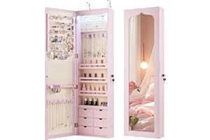 COSTWAY 5 LED Lights Jewellery Cabinet, Door Hanging/Wall Mounted Jewelry Armoire with Full Length Mirror and Large Storage, Bedroom Lockable Cosmetics Jewellery Organiser (Pink, 6 Wooden Drawers)