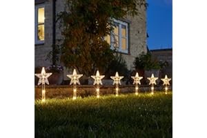 Festive Lights - 8 Pack 35cm Christmas Star Battery Powered Stake Lights - 24 Warm White LEDs, Indoor Outdoor Decoration, 6 Hour Timer Function, Garden Pathway Display, 2.95m Black Cable