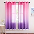 NICETOWN Pink and Purple Curtains, Ombre Window Sheer Curtain Panel, Faux Linen Semi Voile Drapes Short Sheer Curtains for Bedroom Girls Room (55 inches Wide x 72 inches Long Set of 2)