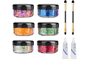 YITLA 6 Colors Face Glitter Festival Cosmetic Glitter with Glue,Body Glitter Chunky Cosmetic Glitter for Face Body and Hair (Includes Long Lasting Glue and Brush)