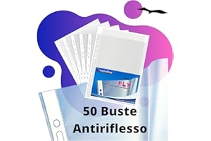 LogicaShop Fly Buste Forate Trasparenti per Raccoglitori ad Anelli A4, Cartelline Plastica (Antiriflesso, 50 Pezzi)