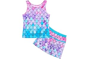 Febbabe Mermaid Swimming Costume Girls Swimsuits Two Piece Tankini Set Kids Bathing Suits with Boyshort Sport Rash Guard Swimwear Summer Holiday Beachwear