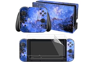 eXtremeRate Autocollants pour Nintendo Switch Console,Autocollant de Protection pour Switch Joycons & Grips,Skin Sticker pour Switch Dock avec 2 PCS Protecteur d'Écran-Galaxie Bleue.