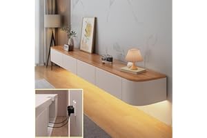 XDXINY Consola de TV flotante, mueble de TV montado en la pared, banco de TV de almacenamiento grande debajo de la TV con cajones, soporte para enrutador (blanco-marrón + LED, 140 x 20 x 24 cm)