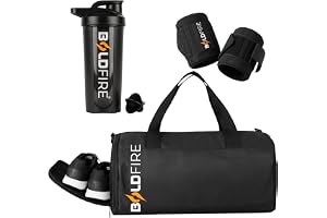 BOLDFIRE Gym Accessories Combo with Gym Bag, Protein Shaker & Wrist Straps for Men & Women, Shoe Compartment, Black