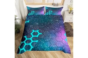 FEELINGYOU Honeycomb Galaxy Bettbezug S Größe, Sterne Blau Lila Nebel Universum Tröster Abdeckung Set für Kinder Jungen Mädchen, Neon Hexagon geometrische Bettwäsche Quilt Cover Schlafzimmer Dekor, 2-Stücke