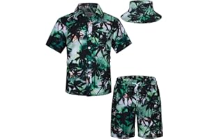TUNEVUSE Kleine und große Jungen hawaiianisches Hemd und kurzes Set, Sommer bedruckte Kinder Cabina Set mit Hüten