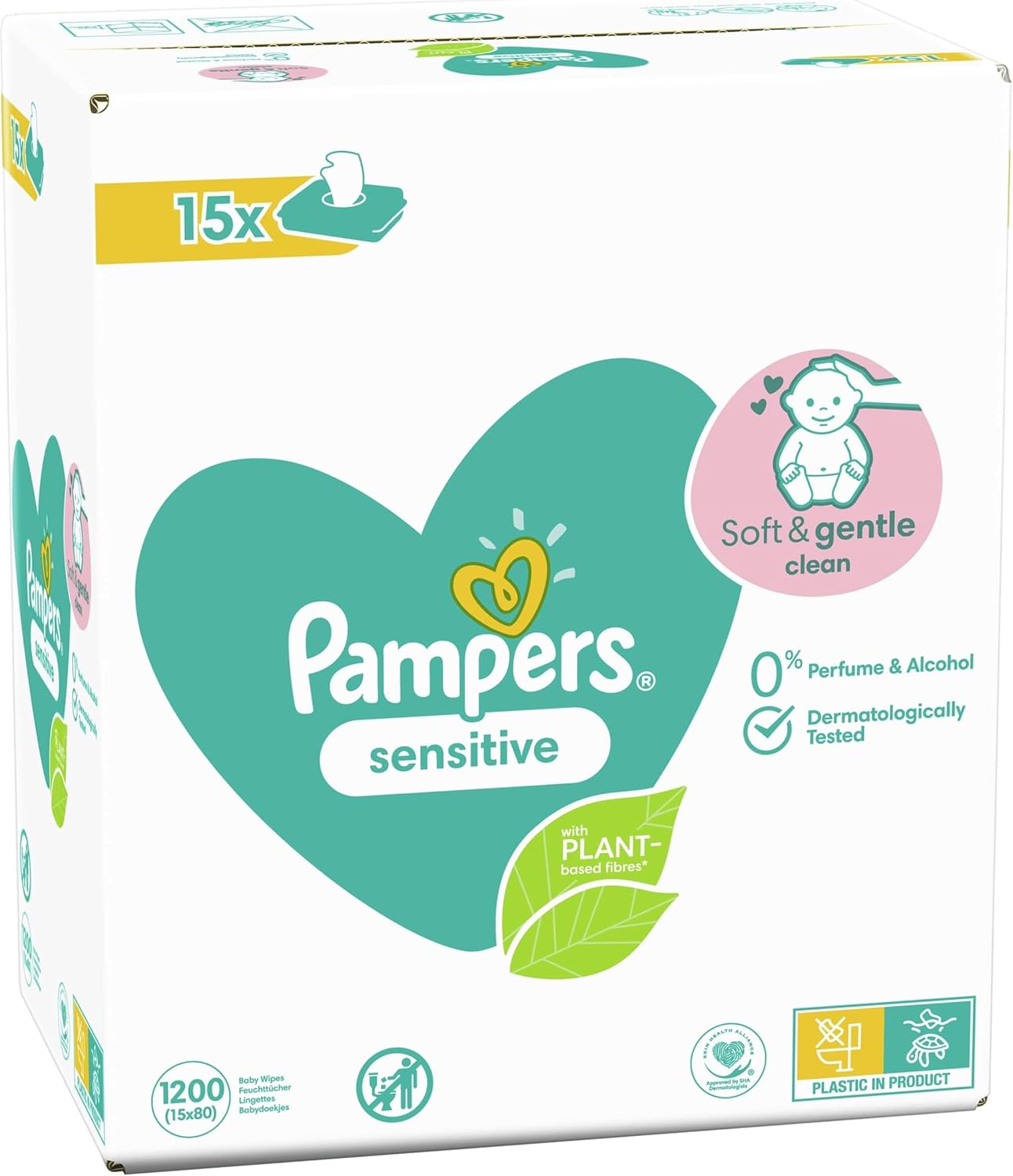 Pampers Lingettes Bébé Sensitive, 1200 (Lot de 15 x 80), Sans Parfum ni Alcool, Aident à Protéger la Peau des irritations, Pour Une Toilette Douce Et Délicate, Testées Dermatologiquement