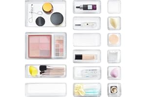Lifewit Organizador de cajones de 16 piezas, sistema organizador de cajones de plástico para tocador, organizador transparente de cajones para cuidado de la piel/té/especias/escritorio/oficina en el