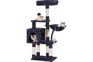 Hey-brother Drzewko dla Kota z Zabawką, Wieża dla Kotów Domowych, Domek z Wyściełanym Pluszowym Okoniem, Przytulny Hamak i Sizalowe Drapaki, Szary Dymny EMPJ004SG-N
