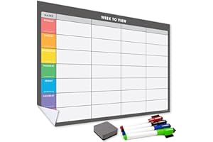 TMS Planificateur mural réutilisable - Organisateur hebdomadaire et planificateur familial - Tableau blanc autocollant repositionnable pour la maison et le bureau (onglets gris, onglets colorés, A2)