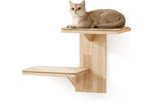 FUKUMARU Mueble de Pared para Gatos con 2 Plataformas, Hecho de Madera de Caucho Sólido, 40,6 cm, Montado en la Pared con Alfombrilla de Sisal, Estantes de Pared para Escalar, Jugar y Rascar