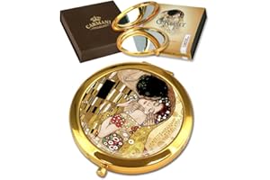 Carmani Gold Plated Bronze pocket, compact, travel, Mirror decorated with Klimt 'The Kiss' painting