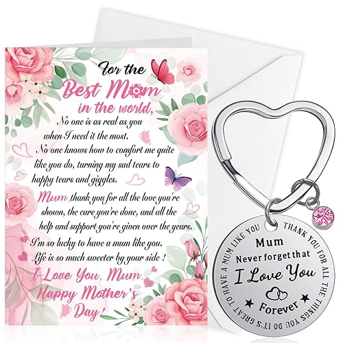 HOWAF Mothers Day Card, Mother's Day Card Mother's Day Cards Happy Mothers Day Cards for Mum, with Mum Keyring Engraved Heart Mothers Day Keyring Mothers Day Gifts for Mum from Daughter Son, A