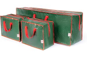 Christmas Village Set of 3 Storage Bags - Tree Storage Bag and 2 Decoration Bags - Stores a Xmas Tree, Lights and Decorations Stores Ribbon Tinsel Wreath Stocking Lights Bow Tags (Green)