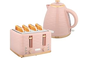‎HOMCOM HOMCOM Wasserkocher Toaster Set Frühstück-Set mit 1,7L Wasserkocher, 4 Scheiben Toaster, 2200 W, 7 Bräunungsstufen, Auftauen, Aufwärmen und Krümelfach, Otter Thermostat, Rosa