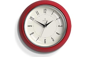 Jones Clocks® Ketchup Clock – Retro Wall Clock. Round clock with easy-to-read numbers for kitchen clock, office clock, living room clock. Size: Small clock, 25cm. Colour: Red clock.
