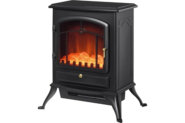 HOMCOM Cheminée électrique à Effet de Flamme poêle Style rétro Thermostat 1000/2000 W Anti surchauffe Noir