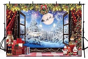 MEHOFOND 7x5ft Christmas Backdrop Winter Snow Scene Window Photography Background Christmas Wreath Christmas Tree Toy Doll Table Decor Family Party Banner Photo Studio Props