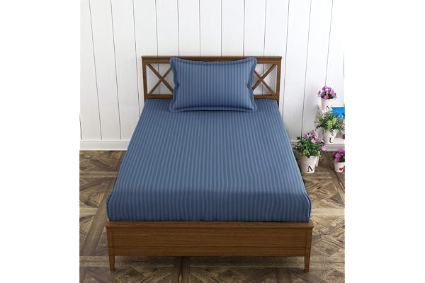 Trance Home Linen 100% Cotton 78x36 inch Single Fitted 200TC Satin Stripe Elastic Fitted Bedsheet Single Bed Size Fitted Bedspread with 1 Pillow Covers (78"x36" 6.5x3 feet, Mediterranean Blue)