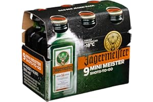 ‎JÄGERMEISTER Jägermeister – 9 x 0,02 l Mini Meister Shots Premium Kräuterlikör 35% Vol. – 56 erlesene Kräuter – Kalt mazeriertes Elixier – Im Eichenfass gelagert – Das Original aus Wolfenbüttel