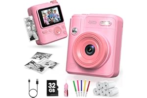 Gofunly Camara Fotos Infantil Instantanea, 2,0" 1080P Camara Fotos Infantil con Tarjeta de 32GB y Papel Fotografia, Juguete Cámara Instantánea Regalos para Niños y Niñas de 3-12 Años (Rosa)