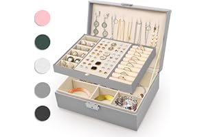 Eucomir Jewellery Box for Women, Travel Jewellery Box 2 Layers Large Jewelry Organizer Box PU Leather Jewelry Box for Girls Rings Bracelets Earrings Necklaces, Grey