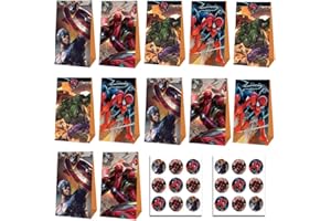 NDZYDXW 12 Pièces Avvengers Sac Cadeau,Sac papier cadeau,Sachet bonbons anniversaire, Sac petit cadeau, avec 18 Autocollants Mignons pour anniversaire enfant Fêtes, Fête de mariage, Noël,Party