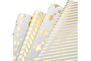 MOOKLIN ROAM Papier Cadeau, Lot de 4 papier d'emballage d'or Motif en Points et Étoiles pour Anniversaire, Vacances, Mariage, Cadeau de Naissance (4 Désign, 70 x 50 cm)