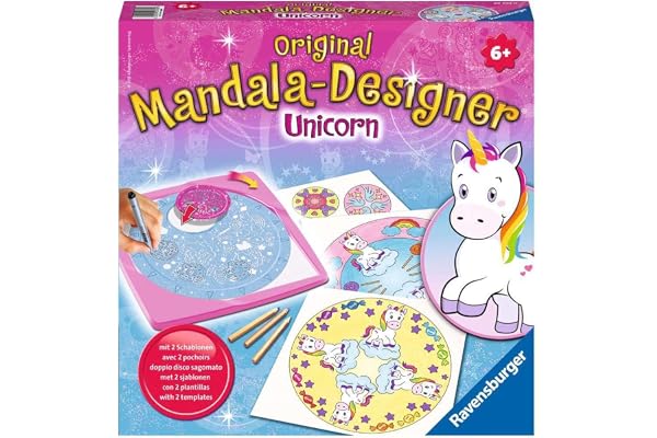Ravensburger – Mandala Designer – Dessin – Loisir créatif – Pochoirs – Crayons de couleur inclus – Licorne – Unicorn – Activité détente et créative – Enfant – Dès 6 ans – 29703 – Version française