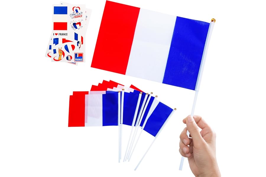 10pcs Mini France Flags on Sticks & 2pcs Tattoos, Small French Flag French Decorations Hand Held Flags for World Cup 2026 Football Sports Events Party Decoration, Double-Sided France Flag