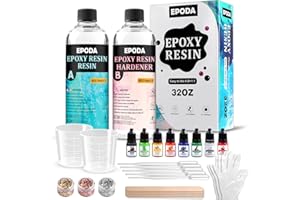 EPODA Resina Epossidica Trasparente 32oz/946ml, Kit Completo con Indurente, Misurino, Bastoncino, Guanti, Vernice e Contagocce