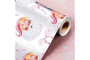 Wikadlik Laughing Santa Claus Christmas Wrapping Paper - 43cm x 10m Mini Roll Cute Bow and Plaid Pattern Metallic Silver Gift Wrap Paper for Holiday Festive Celebration DIY Craft