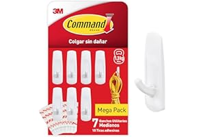 Command Ganchos para Colgar, 7 Ganchos para Pared o Armarios, 10 Tiras Adhesivas - Organizar Sin Dejar Marcas, Agujeros y Sin Taladrar, Medium