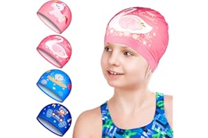 AUXSOUL Cuffie Piscina per Bambini, 4 PCS Nylon Impermeabili Elastiche Cuffia da Nuoto per Bambini, Cuffie Piscina Bambino dai 2 agli 8 Anni, Adatto a Capelli Lunghi Capelli Ricci, Ipoallergenico