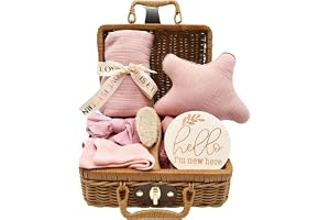 YTACREA 7-delar nyfödd present, babypresent pojke flicka, 7 i 1 babypresent med täcke, babyhuvudbonad, babyborste, strumpor, milstolpekort, souvenirbox