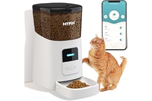 Distributore Automatico per Cani e Gatti, MYPIN 6L Alimentatore Automatico per Animali Domestici con Controllo delle Porzioni, Timer e di Registrazione del Suono Fino a 15 Pasti al Giorno(Bianco)