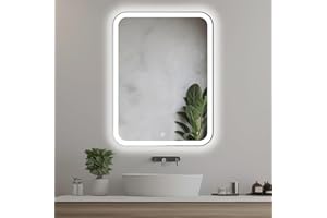 HOME GLOW 60x80 cm Prostokątne lustro łazienkowe z oświetleniem LED, Podświetlone lustro z włącznikiem, Zaokrąglone prostokątne lustro łazienkowe z naturalnym białym światłem, Podświetlane z przodu