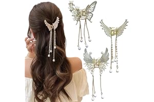 Ypkia Lot de 3 petites pinces à cheveux en forme de papillon en métal doré avec franges - Pour femme et fille - Avec perles et strass