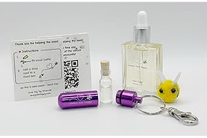 SMALL DOG BIG DREAMS Bee Revival Kit - 'Always Bee Happy' Engraved Keyring, Glass Vial, Bee Feed Dropper Bottle, Organza Pouch (Purple)