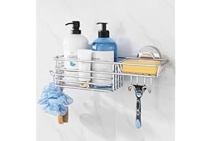 TAILI Shower Caddy Suction Cup with Hooks & Soap Holder, Heavy Duty Bathroom Shower Organizers, Removable Shower Shelves for Inside Bathroom,Stainless Steel Silver Basket