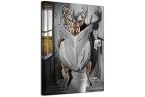 Vantboo Hirsch Lesung Zeitung in Toilette Leinwanddrucke Wandkunst Gemälde Home Decor Kunstwerke Bilder für Wohnzimmer Schlafzimmer Badezimmer Dekoration fertig zum Aufhängen 40,6 x 50,8 cm