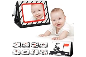 Aolso Infant Soft Books - Tummy Time Mirror Activity Book, Newborn Toys with Baby Safe Mirror, Crinkle Textures and Soft Teether (Black-White)
