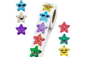 NEKAPLO 500 Pcs Glitter Star Stickers Roll – Smiling Face Star Stickers for Kids, Teachers, Reward Charts – Gold Shiny Smile Stickers for Motivation, Scrapbooking, Classroom Supplies, Party Favor & Crafts
