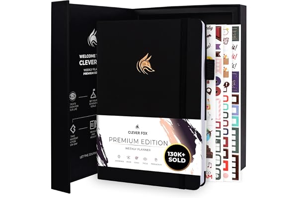 Clever Fox Planificateur Edition Premium – Agenda Hebdomadaire et Mensuel - Augmenter la Productivité et Atteindre vos Objectifs - Organiseur - Non Daté, A5, Dure 1 An - Noir