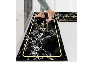 ‎PQCXXA PQCXXA Washable Rubber Backing Küchenteppich Set 2 Stück, Wasser und Öl aufnehmen Küche Matten Fußmatte Teppich Set für Küche, Wäscherei,Wohnzimme (Schwarzer Marmor, 43x150cm+43x75cm)