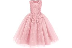 IWEMEK IWEMKE Enfants Filles Robe Mariage Tulle Dentelle Robe Princesse Longue Fleur Brodée Soirée Demoiselle d'honneur Robe Tutu sans Manches pour Pageant Baptême Fête Anniversaire Carnaval 3-12 Ans