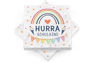 HAPPIRRA 40 Stück Servietten Einschulung – HURRA SCHULKIND, 33 x 33 cm –Regenbogen Einschulung Deko Schulkind 2025 Mädchen Junge, Tischdeko Einschulung