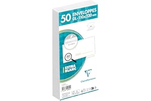 Clairefontaine 5925C - Paquet de 50 Enveloppes Blanches DL-110x220 mm - Précasées - Auto-Adhésives - 80g/m²